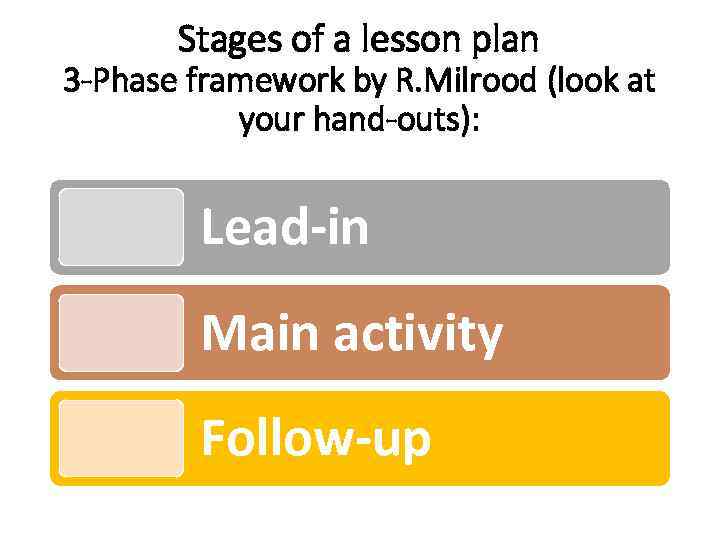 Stages of a lesson plan 3 -Phase framework by R. Milrood (look at your