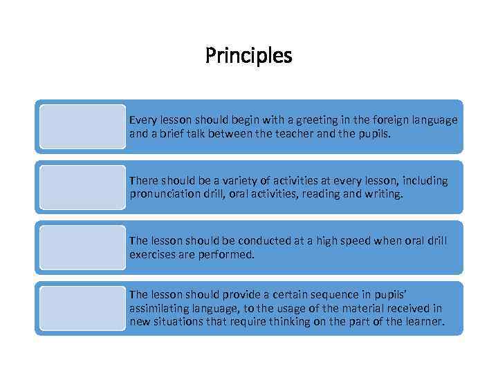 Principles Every lesson should begin with a greeting in the foreign language and a