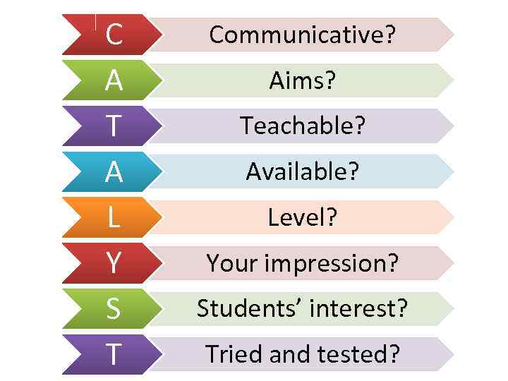 C A T A L Y S T Communicative? Aims? Teachable? Available? Level? Your