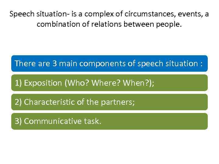 Speech situation- is a complex of circumstances, events, a combination of relations between people.