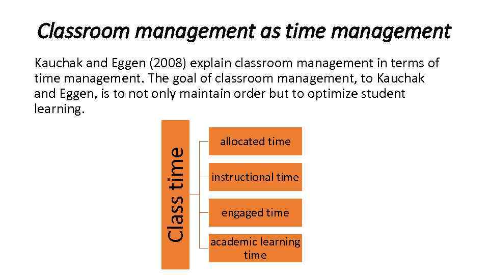 Classroom management as time management Class time Kauchak and Eggen (2008) explain classroom management