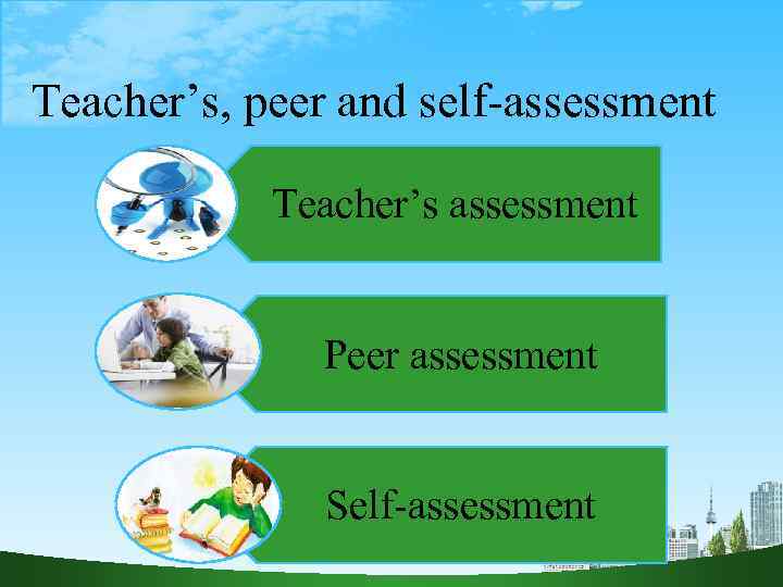 Teacher’s, peer and self-assessment Teacher’s assessment Peer assessment Self-assessment 