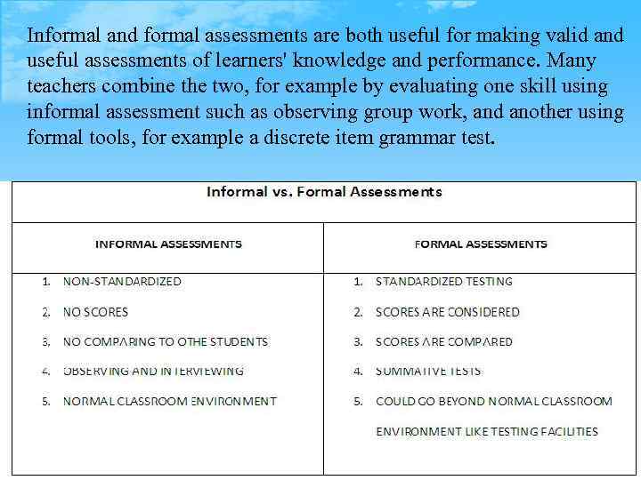 Informal and formal assessments are both useful for making valid and useful assessments of