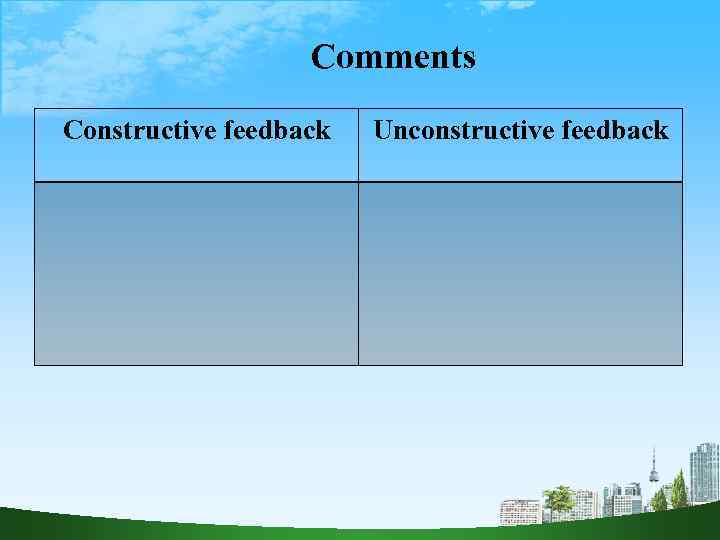 Comments Constructive feedback Unconstructive feedback 