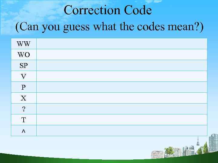 Correction Code (Can you guess what the codes mean? ) WW WO SP V
