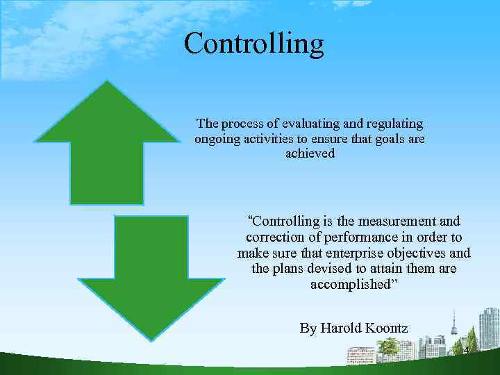 Controlling The process of evaluating and regulating ongoing activities to ensure that goals are
