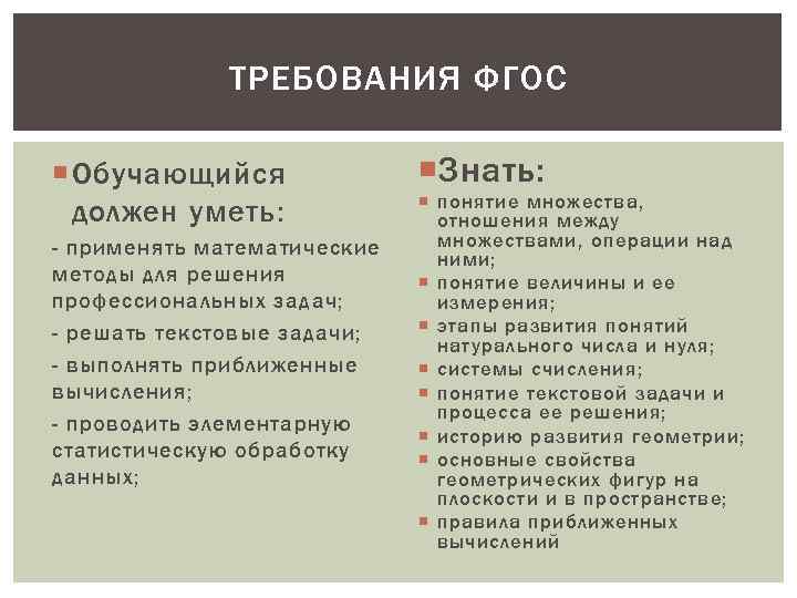 ТРЕБОВАНИЯ ФГОС Обучающийся должен уметь: - применять математические методы для решения профессиональных задач; -