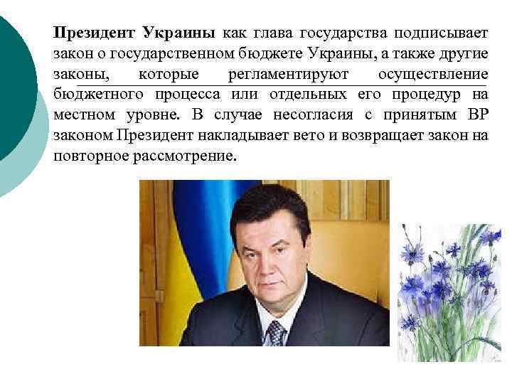 Президент Украины как глава государства подписывает закон о государственном бюджете Украины, а также другие