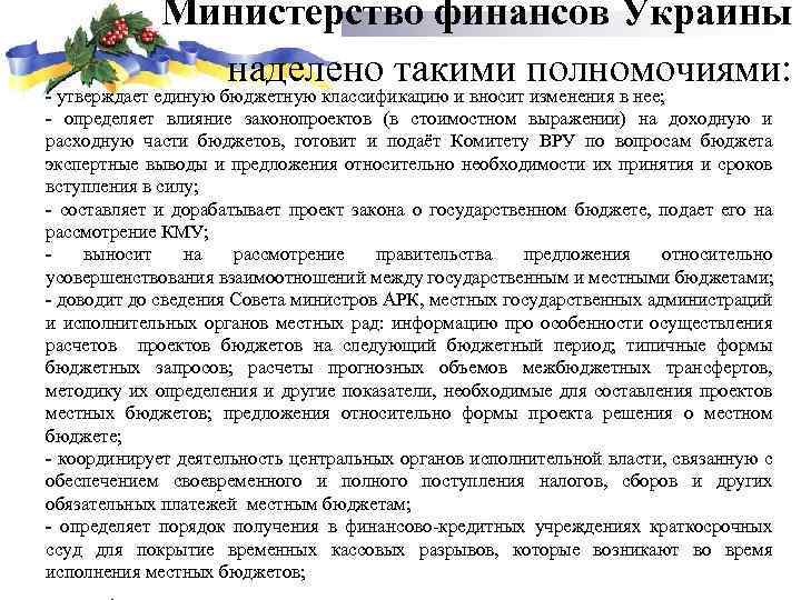 Министерство финансов Украины наделено такими полномочиями: - утверждает единую бюджетную классификацию и вносит изменения