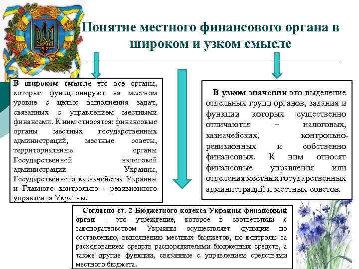 Понятие местного финансового органа в широком и узком смысле В широком смысле это все