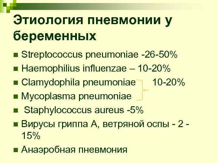 Этиология пневмонии у беременных Streptococcus pneumoniae -26 -50% n Haemophilius influenzae – 10 -20%