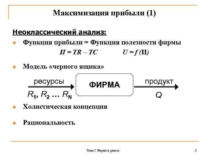 Максимизация прибыли (1) Неоклассический анализ: n Функция прибыли = Функция полезности фирмы П =