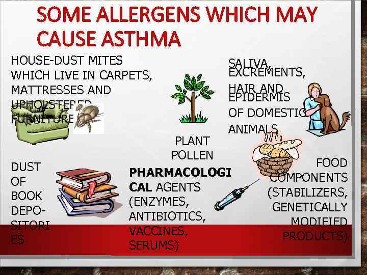 SOME ALLERGENS WHICH MAY CAUSE ASTHMA HOUSE-DUST MITES WHICH LIVE IN CARPETS, MATTRESSES AND