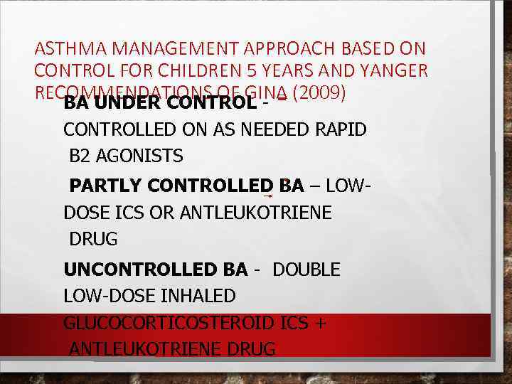 ASTHMA MANAGEMENT APPROACH BASED ON CONTROL FOR CHILDREN 5 YEARS AND YANGER RECOMMENDATIONS OF