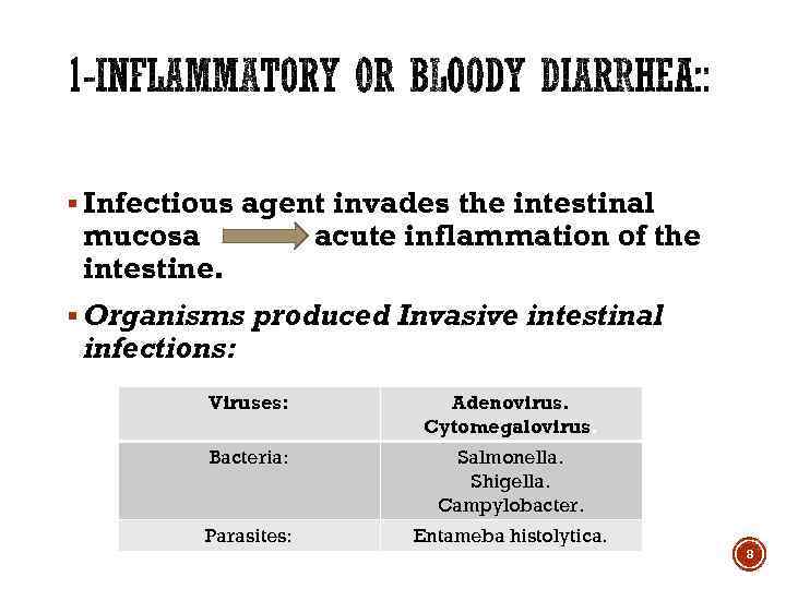 § Infectious agent invades the intestinal mucosa intestine. acute inflammation of the § Organisms