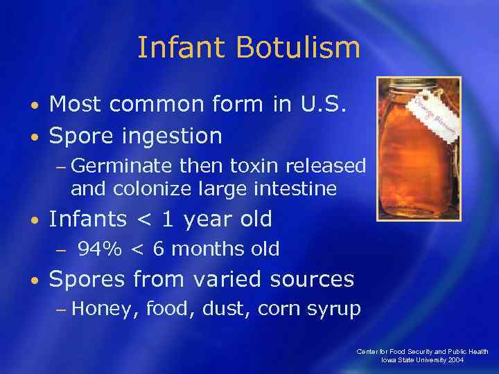 Infant Botulism Most common form in U. S. • Spore ingestion • − Germinate