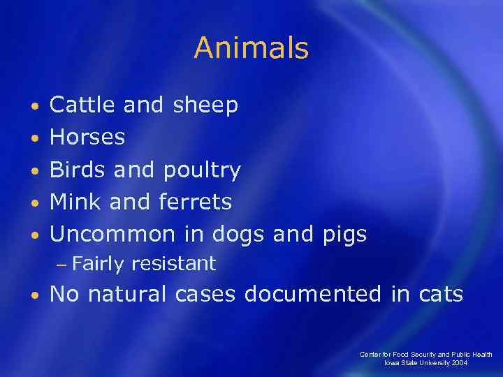 Animals • • • Cattle and sheep Horses Birds and poultry Mink and ferrets