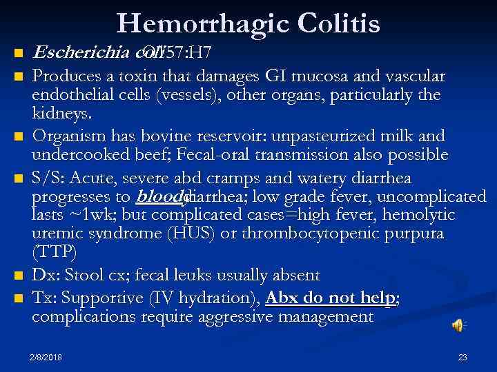 Hemorrhagic Colitis n Escherichia coli O 157: H 7 n Produces a toxin that