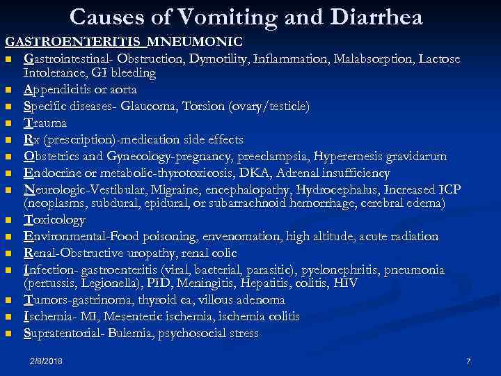 Causes of Vomiting and Diarrhea GASTROENTERITIS MNEUMONIC n Gastrointestinal- Obstruction, Dymotility, Inflammation, Malabsorption, Lactose