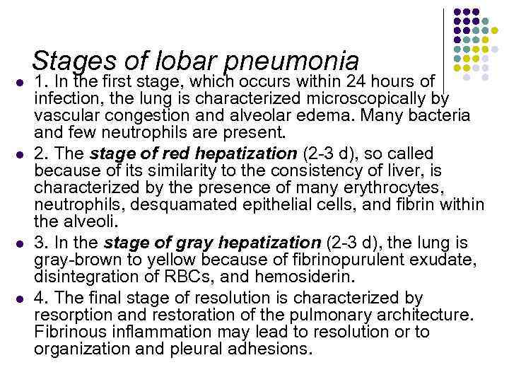 l l Stages of lobar pneumonia 1. In the first stage, which occurs within