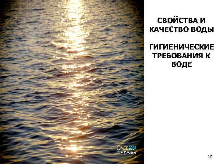 СВОЙСТВА И КАЧЕСТВО ВОДЫ ГИГИЕНИЧЕСКИЕ ТРЕБОВАНИЯ К ВОДЕ Автор: Ж. В. Гудинова 10 