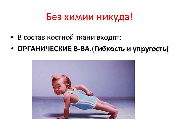 Без химии никуда! • В состав костной ткани входят: • ОРГАНИЧЕСКИЕ В-ВА. (Гибкость и