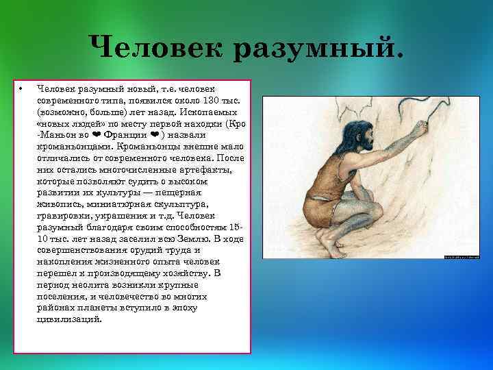 Человек разумный. • Человек разумный новый, т. е. человек современного типа, появился около 130
