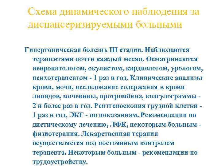 Схема динамического наблюдения за диспансеризируемыми больными Гипертоническая болезнь III стадии. Наблюдаются терапевтами почти каждый