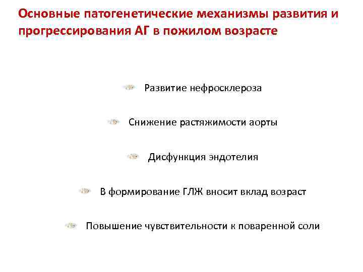 Основные патогенетические механизмы развития и прогрессирования АГ в пожилом возрасте Развитие нефросклероза Снижение растяжимости