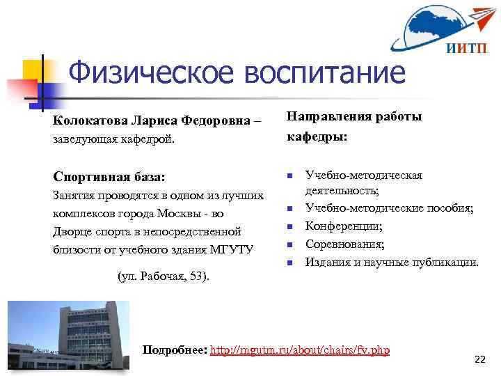 Физическое воспитание заведующая кафедрой. Направления работы кафедры: Спортивная база: n Колокатова Лариса Федоровна –