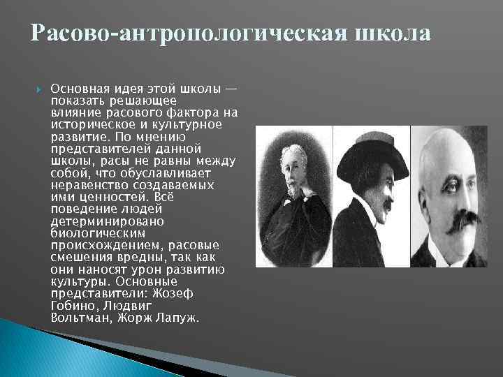 Расово-антропологическая школа Основная идея этой школы — показать решающее влияние расового фактора на историческое