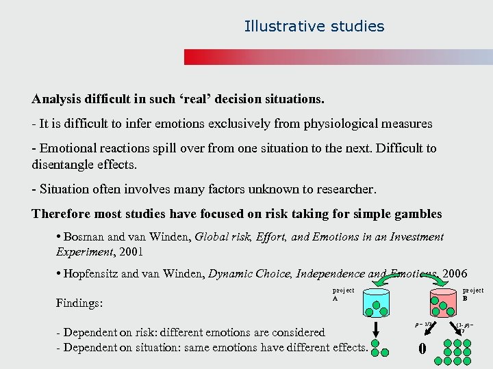 Illustrative studies Analysis difficult in such ‘real’ decision situations. - It is difficult to