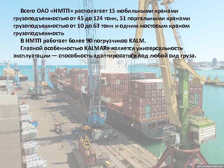  Всего ОАО «НМТП» располагает 15 мобильными кранами грузоподъемностью от 45 до 124 тонн,