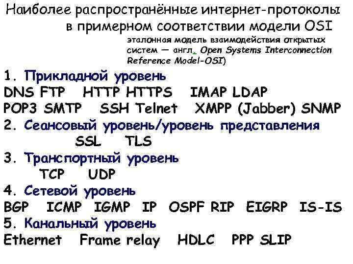 Наиболее распространённые интернет-протоколы в примерном соответствии модели OSI эталонная модель взаимодействия открытых систем —