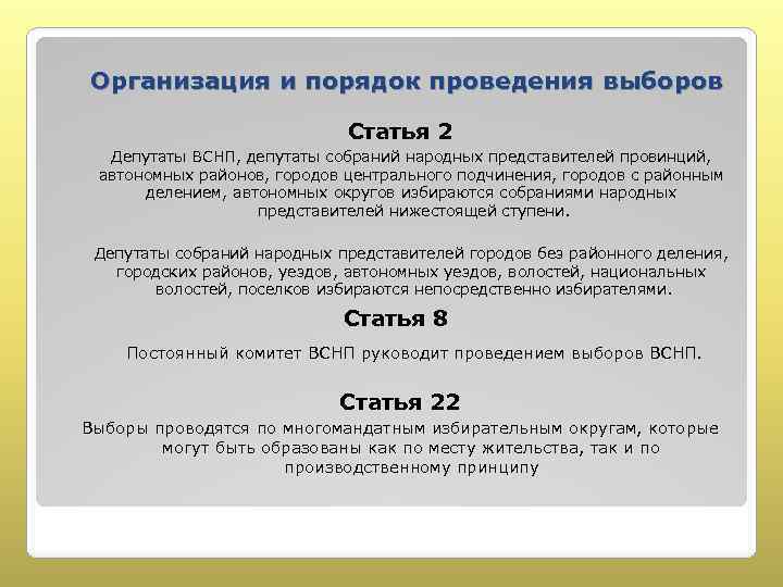 Организация и порядок проведения выборов Статья 2 Депутаты ВСНП, депутаты собраний народных представителей провинций,