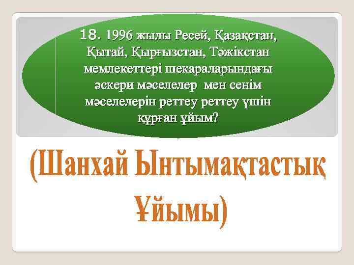 18. 1996 жылы Ресей, Қазақстан, Қытай, Қырғызстан, Тәжікстан мемлекеттері шекараларындағы әскери мәселелер мен сенім