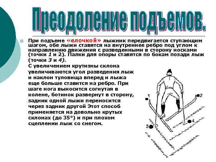 ¡ При подъеме «елочкой» лыжник передвигается ступающим шагом, обе лыжи ставятся на внутреннее ребро