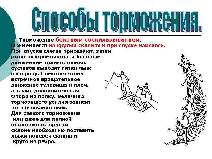 Торможение боковым соскальзыванием. Применяется на крутых склонах и при спуске наискось. При спуске слегка