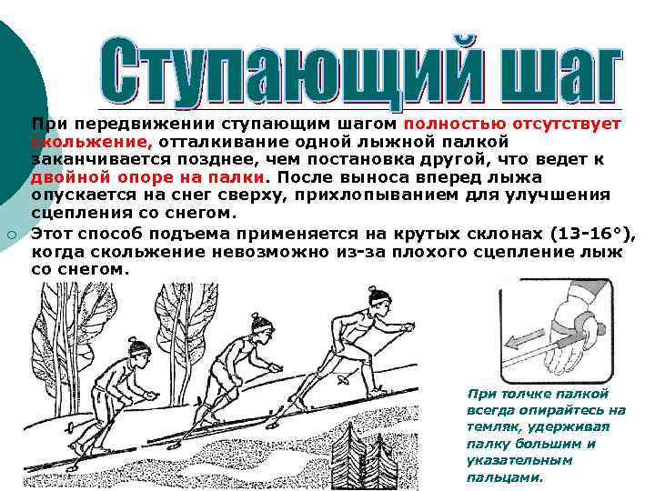¡ ¡ При передвижении ступающим шагом полностью отсутствует скольжение, отталкивание одной лыжной палкой заканчивается