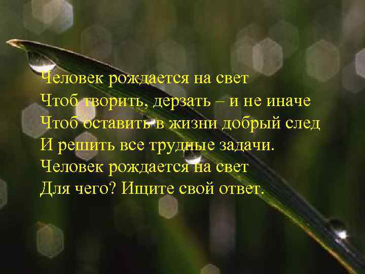 Человек рождается на свет Чтоб творить, дерзать – и не иначе Чтоб оставить в