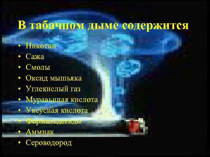 В табачном дыме содержится: • • • Никотин Сажа Смолы Оксид мышьяка Углекислый газ