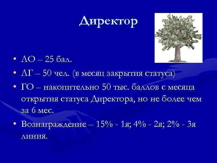 Директор • • • ЛО – 25 бал. ЛГ – 50 чел. (в месяц