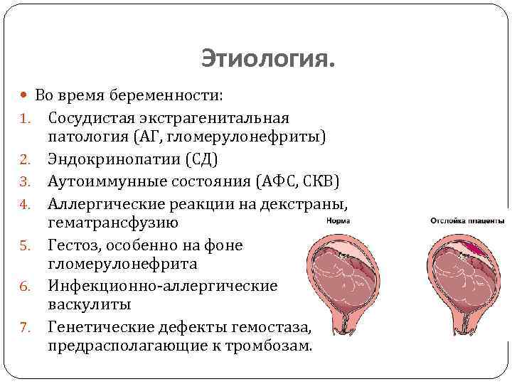 Этиология. Во время беременности: 1. 2. 3. 4. 5. 6. 7. Сосудистая экстрагенитальная патология