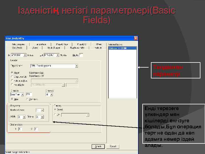 Ізденістің негізгі параметрлері(Basic Fields) Таңдалған параметр Енді терезеге үлкендер мен кішілерді енгізуге болады, Бұл