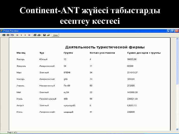 Continent-ANT жүйесі табыстарды есептеу кестесі 