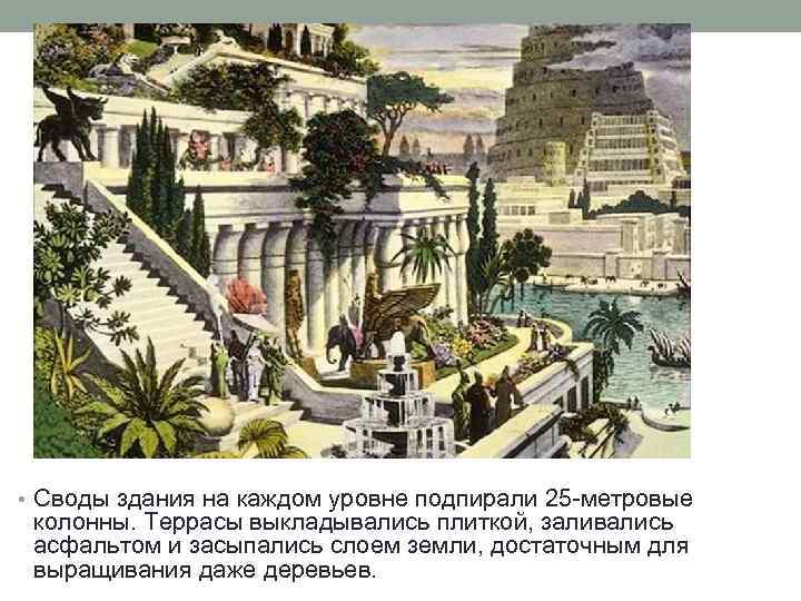  • Своды здания на каждом уровне подпирали 25 -метровые колонны. Террасы выкладывались плиткой,