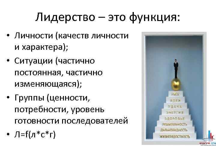 Лидерство – это функция: • Личности (качеств личности и характера); • Ситуации (частично постоянная,