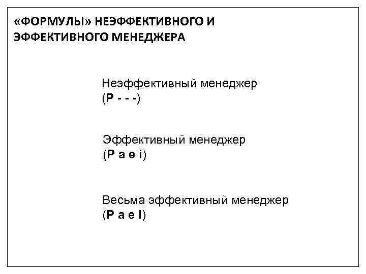  «ФОРМУЛЫ» НЕЭФФЕКТИВНОГО И ЭФФЕКТИВНОГО МЕНЕДЖЕРА Неэффективный менеджер (Р - - -) Эффективный менеджер