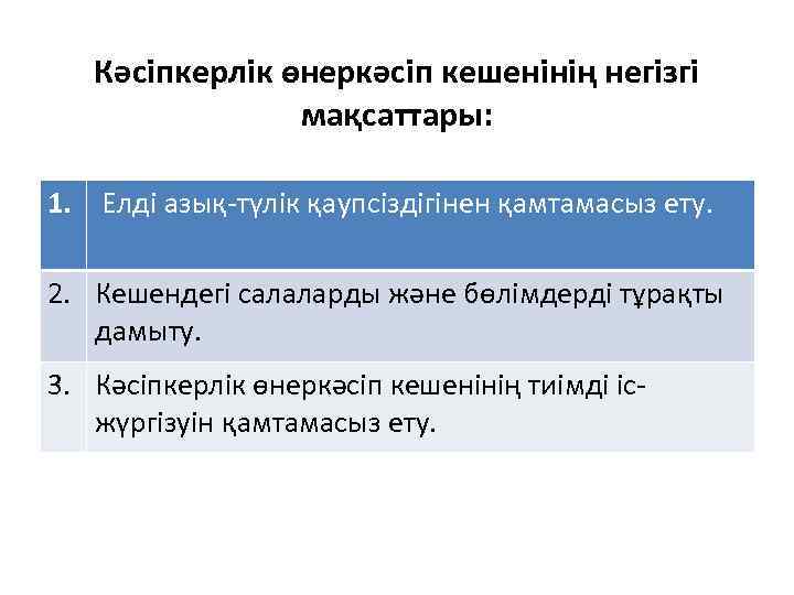 Кәсіпкерлік өнеркәсіп кешенінің негізгі мақсаттары: 1. Елді азық-түлік қаупсіздігінен қамтамасыз ету. 2. Кешендегі салаларды