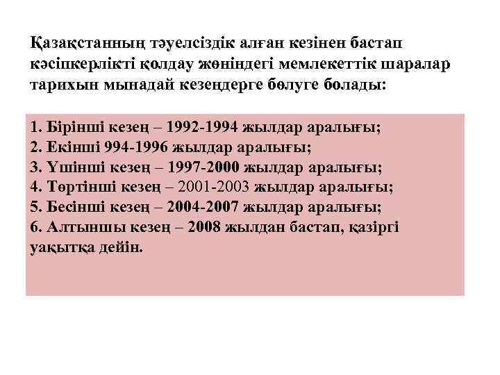 Қазақстанның тəуелсіздік алған кезінен бастап кəсіпкерлікті қолдау жөніндегі мемлекеттік шаралар тарихын мынадай кезеңдерге бөлуге